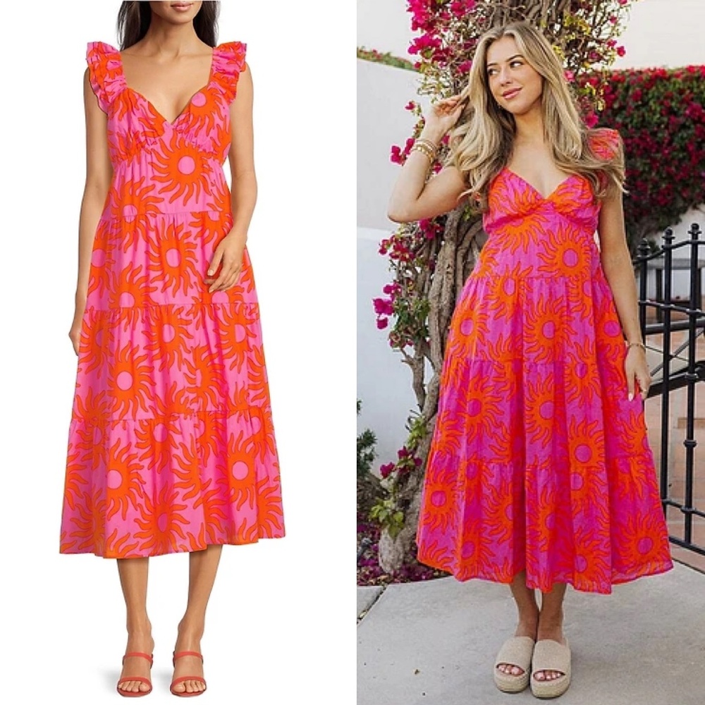 NWT J.Marie Mara Floral V-Neck Ruffle Sleeve Midi A-Line Dress Sz L